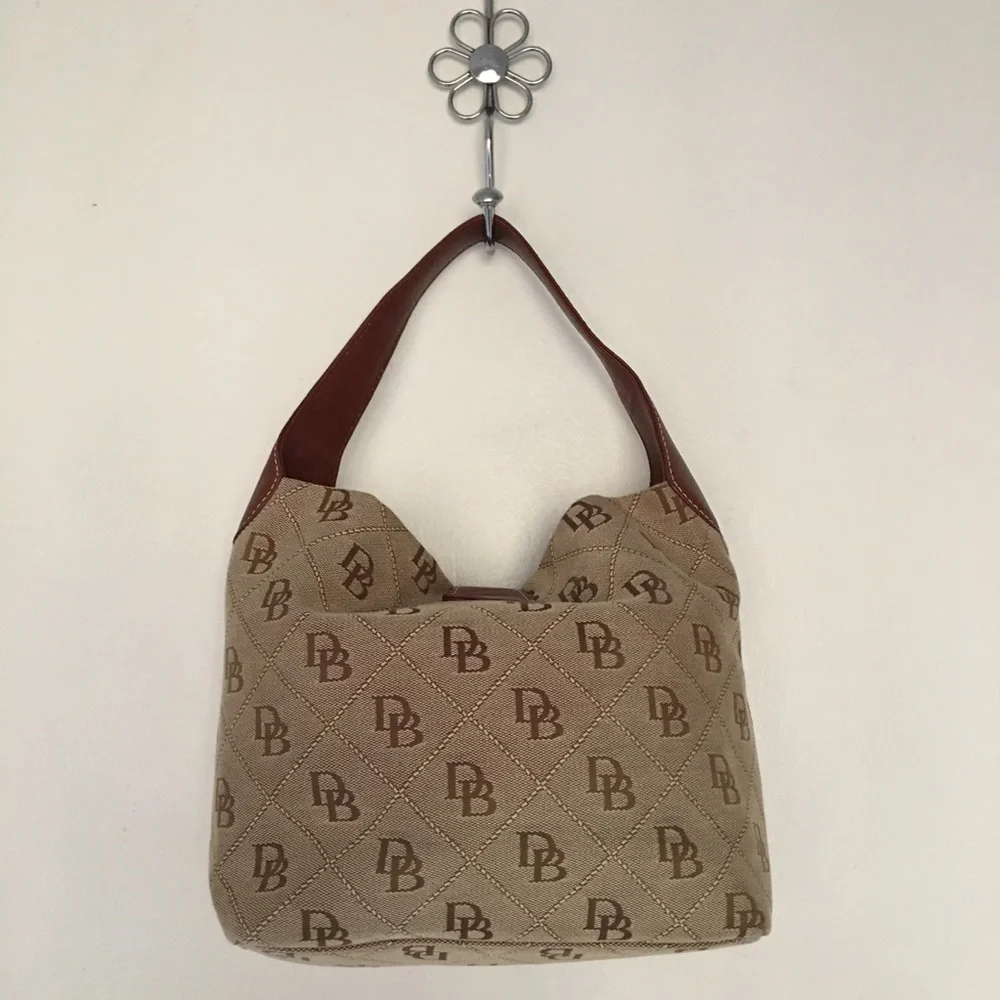 Dooney & Bourke Shoulder Hobo Handbag Purse Monogram Silver Lock Fabric Leather